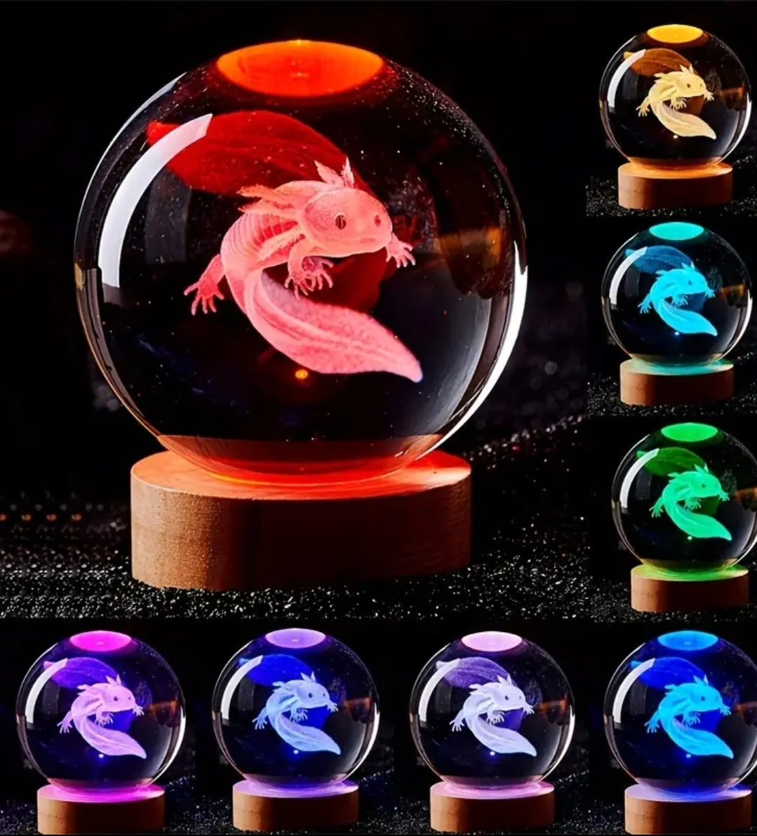 Axolotl 3D Glaskugel mit Beleuchtung